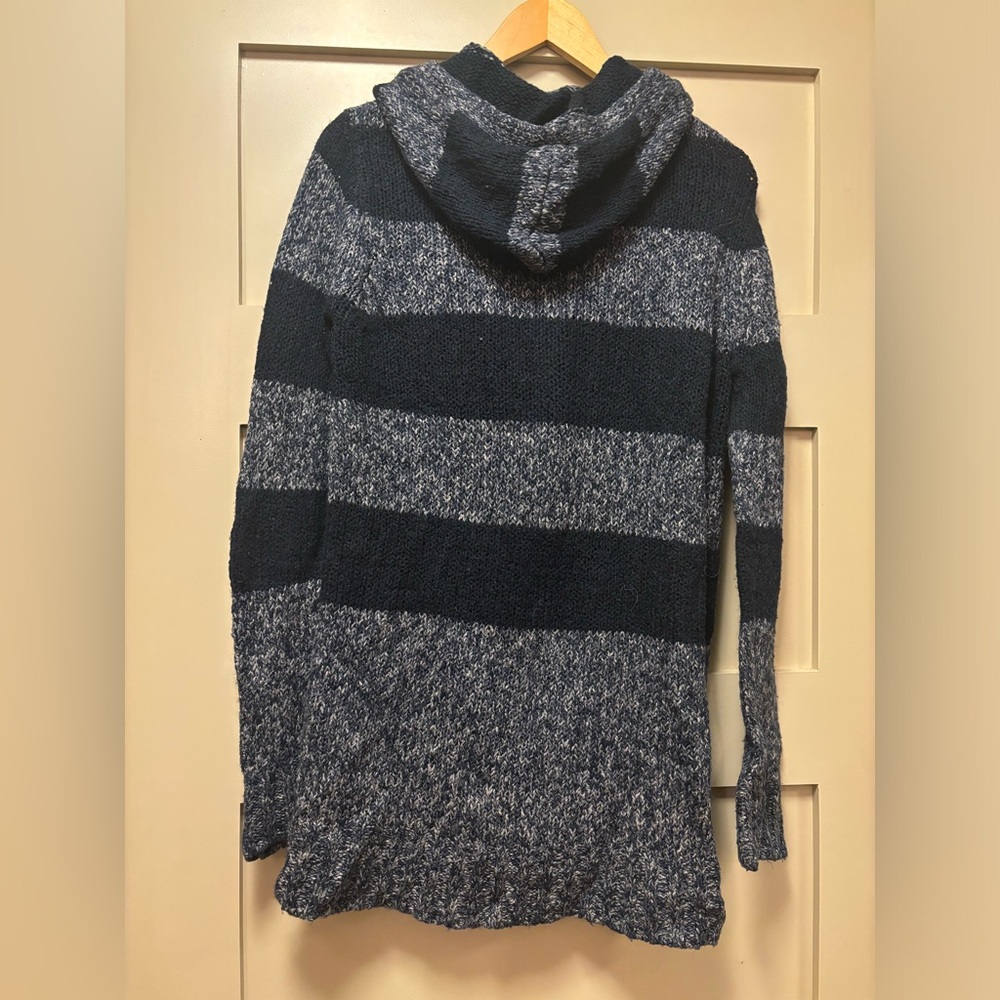 DEX Knit Cardigan Hooded Toggle Striped Midi Sweater Robe Navy Grey Y2K - Picture 2 of 2